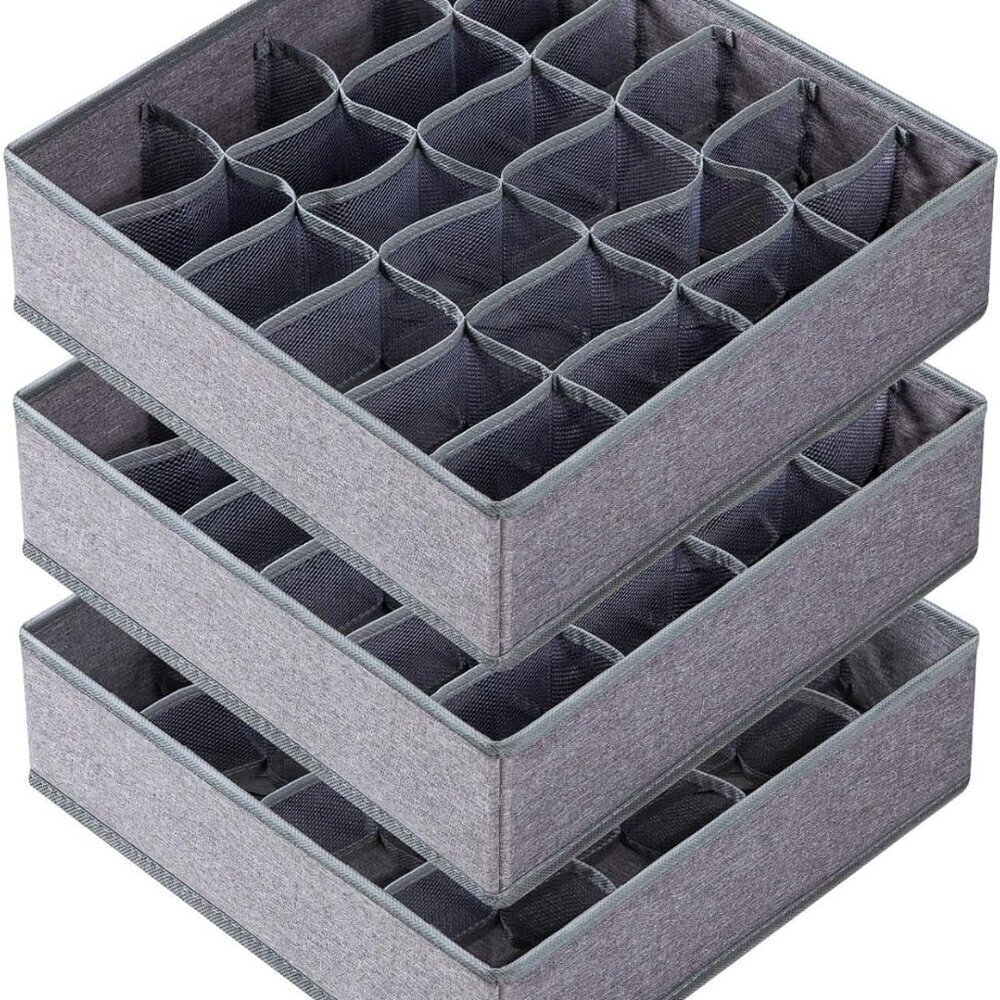 3 Pack Sock Underwear Drawer Organizer Dividers, 64 Cell Fabric Foldable Dresser